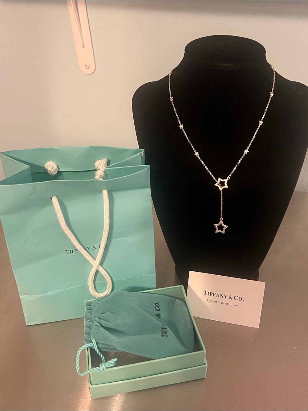 Tiffany & Co. Sterling Silver Star Lariat Necklace with Tiffany Blue Pouch